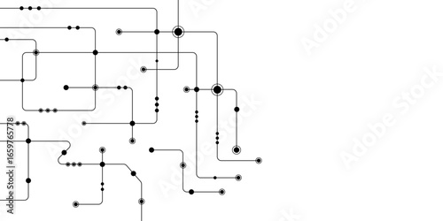 Vector design Network technology and Connection concept. Vector Technology connected white lines and dots with electronics elements on tech bg. Abstract geometric background of engineering drawing.