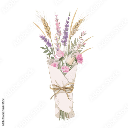 Pastel floral bouquet with wheat stalks and lavender pink purple