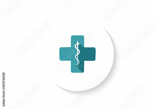 A modern flat design icon of a teal medical cross with the Rod of Asclepius symbol on a white background.
