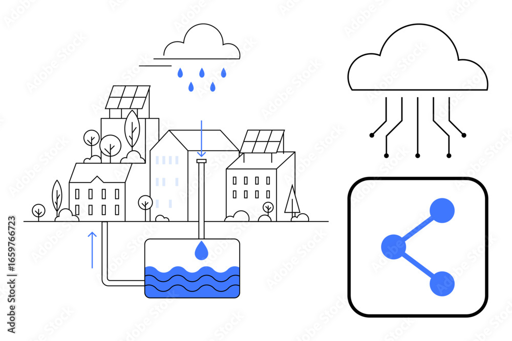 Fototapeta premium Rainwater flows from cloud to storage tank, surrounded by buildings with solar panels. Digital cloud and connectivity icon in blue. Ideal for sustainability concepts, clean energy, green
