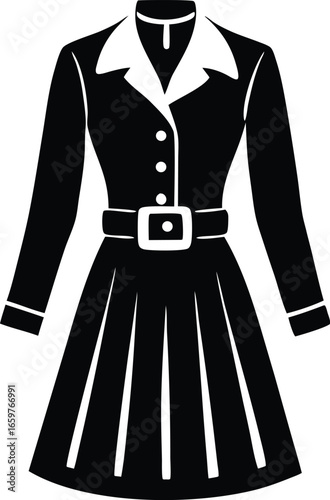 Classic black and white outfit design featuring a belted jacket and pleated skirt for fashionable apparel graphics and design elements