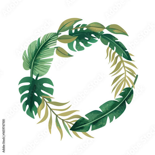 Tropical foliage wreath with monstera and palm leaves vector