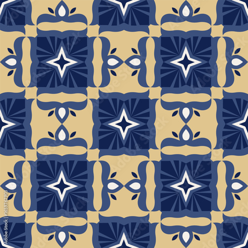 Floral geometric patterns for tile,Textile, border, flat design Blue tone yellow background