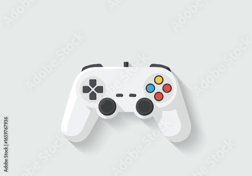 Top-down view of a modern white video game controller with a long shadow on a light gray background.