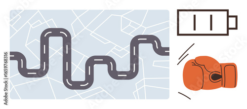 Zigzag road map with a curved path, low battery icon signaling energy depletion, and a boxing glove punch symbolizing resilience. Ideal for energy, challenges, motivation, journey, persistence