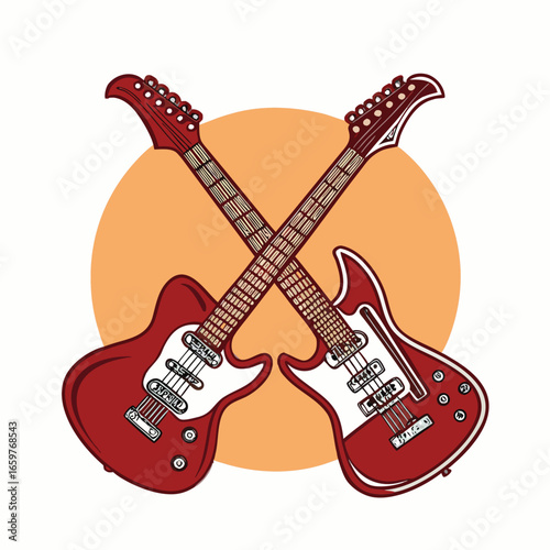 Crimson guitars crossed over orange circle vector illustration electric white