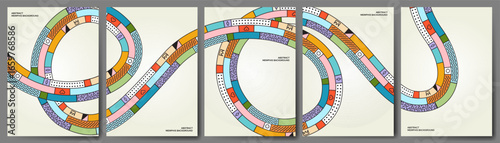 set abstract wavy memphis ribbons background, geometric shapes lines with memphis style pattern, lines design element for poster fun design or celebration, set of A4 abstract background