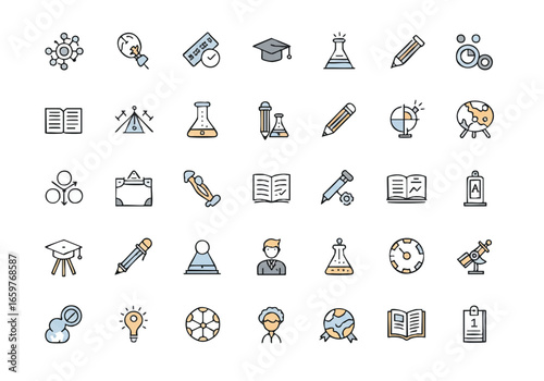 A collection of colorful line art icons representing themes of education, science, knowledge, and academic achievement.