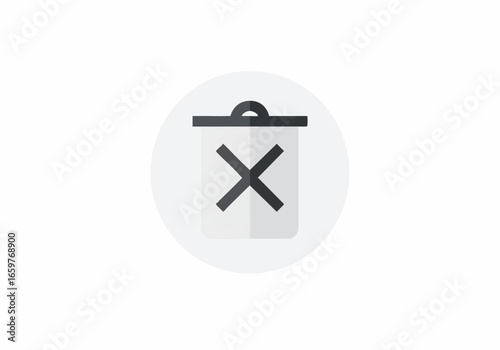A minimalist flat design icon of a gray trash can with a black X, symbolizing deletion or removal, set within a circle.