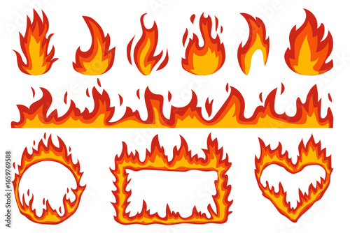 vector cartoon fire elements set, clipart isolated on transparent background. 
