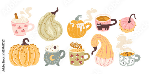 Autumn set with various cozy hot drinks in cute cups and pumpkins. Hand-drawn vector illustrations in cartoon trendy textured pastel style. Isolate on white background. Halloween theme.