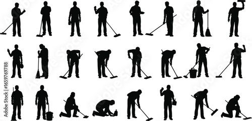 Collection of silhouettes of people cleaning with brooms and mops janitor cleaner