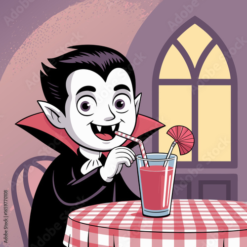 A cheerful cartoon vampire boy with fangs and a black cape sipping a red drink from a glass at a checkered table.