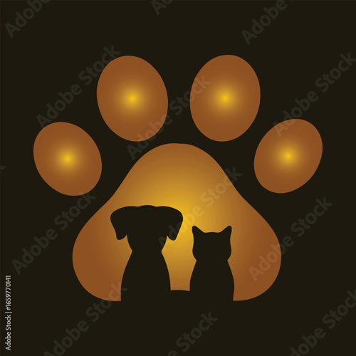 Golden pet paw. Ddog cat silhouette. Glowing paw vector. Pet care logo. Animal shelter art. Veterinary branding. Creative pet design. Elegant animal graphic. Premium pet vector. Pet friendly symbol.  