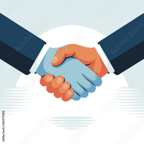 A firm stylized business handshake illustration with contrasting colored hands and dark blue suit sleeves.
