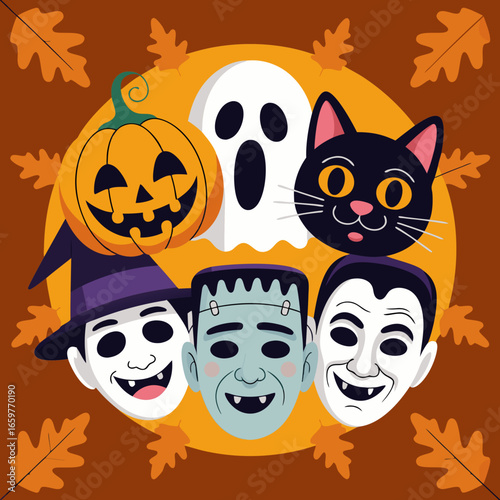A colorful cartoon collection of classic Halloween characters pumpkin ghost cat witch Frankenstein and vampire.