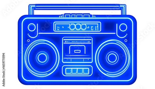 Luminous blue neon boombox silhouette glowing against transparent backdrop, highlighting retro audio design elements isolated on solid white background Png form