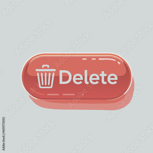 A stylized glitchy red delete button featuring a trash can icon and fragmented text.