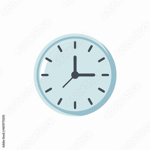 A simple round light blue analog clock with dark hands and hour markers depicted in a flat minimalist illustration style.
