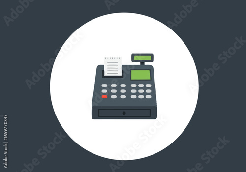 A flat vector illustration of an electronic cash register with a printed receipt, set within a white circle on a dark background.