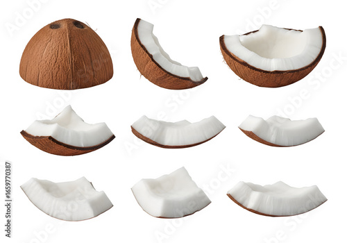 Coconut Half and Slices Set, Isolated on White or Transparent Background