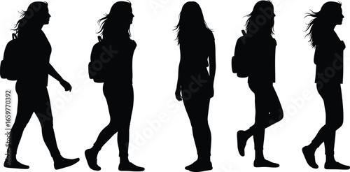 Five female silhouettes with backpacks walking and standing woman girl