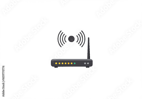 A black wireless router with an antenna broadcasting a Wi-Fi signal icon on a white background.