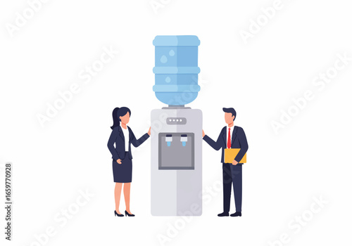 Two business colleagues, a man and a woman in suits, having a conversation by the office water cooler.