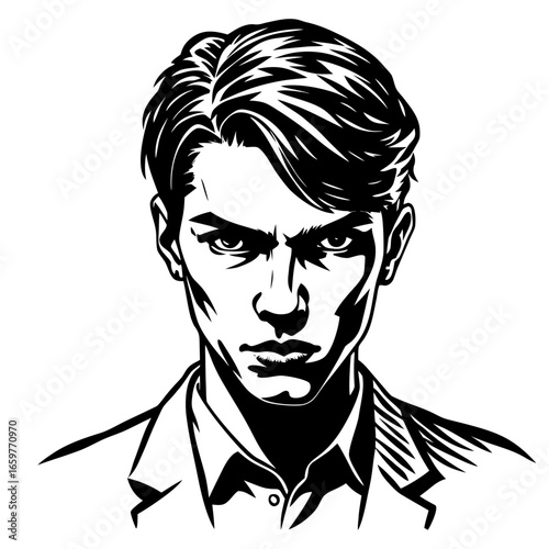 Intense portrait of man in suit and tie, dramatic chiaroscuro style black and white illustration of power and presence