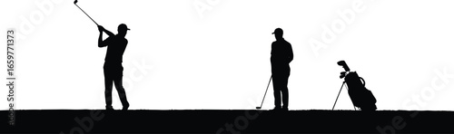 Golfers and golf bag silhouettes on a golf course Keywords: golf, golfer, golf course, sport
