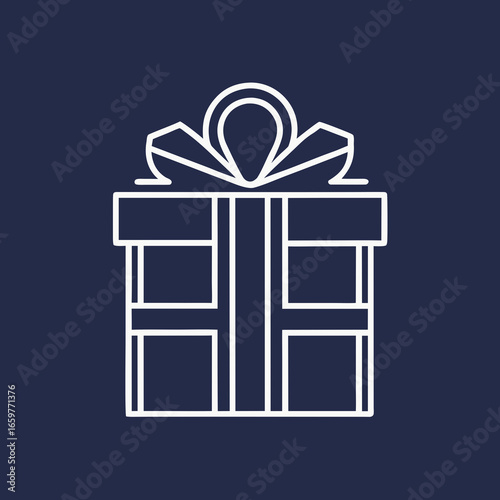 A simple white line art of a gift box with ribbon on a navy background