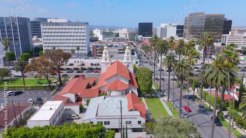 Forward Drone Flight Over All Saints Church and Santa Monica Boulevard in Beverly Hills, May 15, 2025