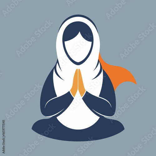 Icon of a muslim woman praying in a lotus position on a gray background