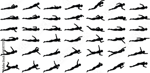 Grid of black silhouettes of swimmers in various strokes and poses swimming water