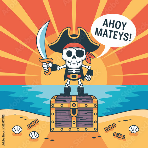 Cartoon Pirate Skeleton Standing on Treasure Chest with Sword and Eye Patch Saying Ahoy Mateys.