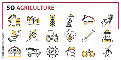Collection of agriculture icons representing farming and rural life