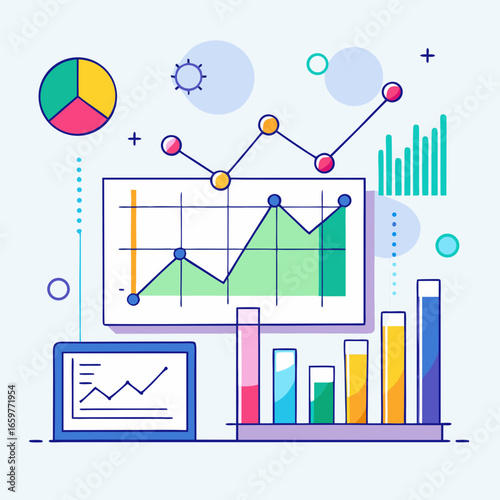 Illustration of charts and graphs representing data analysis and statistics
