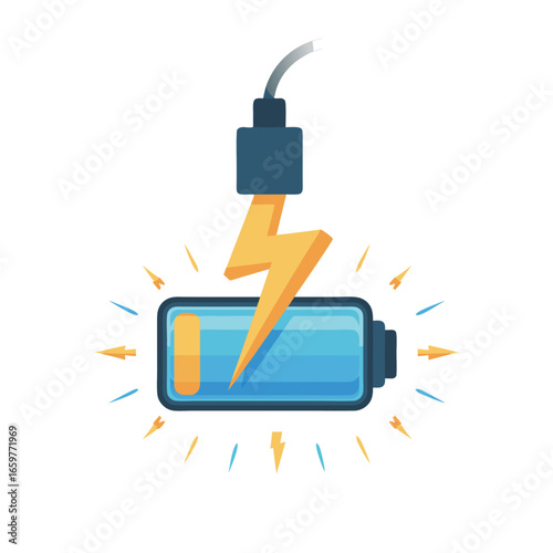 Charging Battery Icon Blue Rectangular Battery with Yellow Lightning Bolt and Dark Gray Plug.