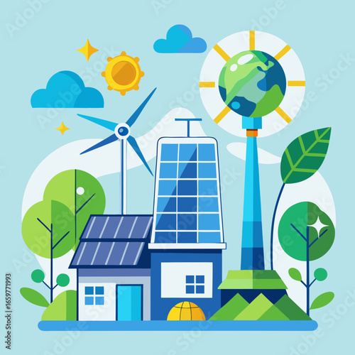 Illustration of renewable energy sources and sustainable living in harmony