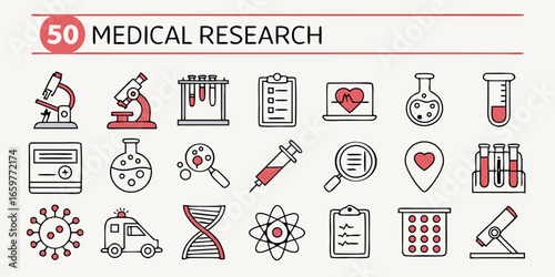 Collection of medical research icons and symbols for science and healthcare