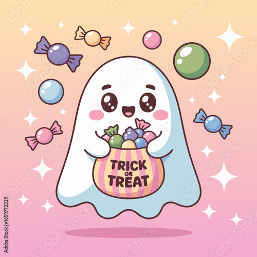 Cute Cartoon Ghost Holding a Trick or Treat Bag with Candies.