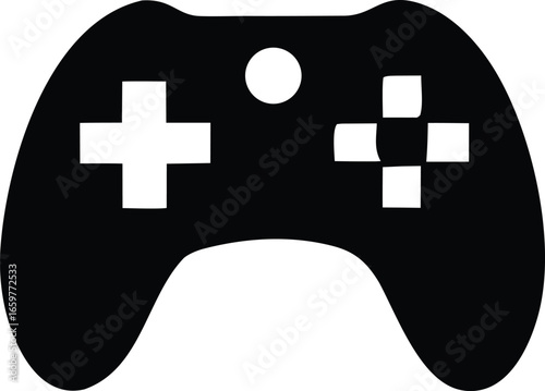Simple black and white video game controller icon representing gaming entertainment and digital fun