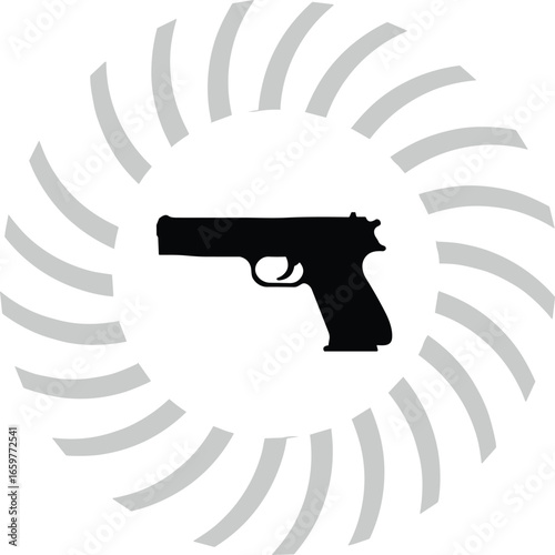 Silhouette of a handgun within a circular radiating pattern on white pistol firearm