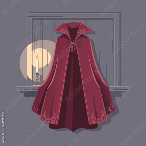 Elegant TwoToned Vampire Cape with High Collar and Ornate Clasp Featuring Decorative Patterns.