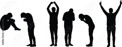 Silhouette of a man in various poses of despair and triumph Keywords: silhouette, man, despair