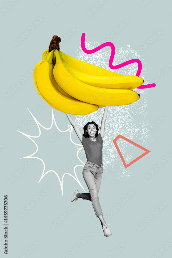 Obraz premium Template sketch image composite artwork collage of young woman happy smile run hand hold huge banana dieting food nutrition meal calories