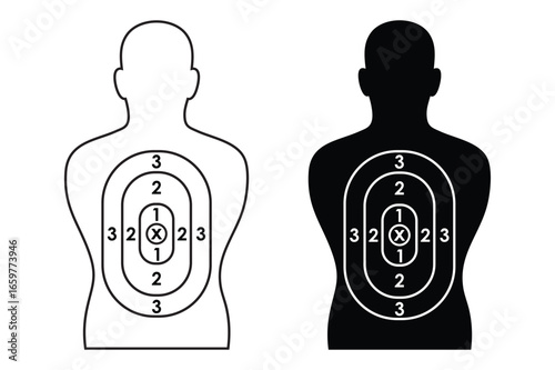 Art shooting range silhouette target with scoring rings, black and white vector& Illustration