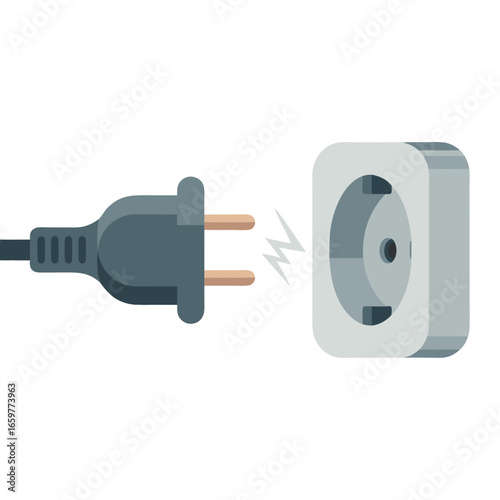 Grey twopin electric plug and wall socket with a spark flat vector illustration.