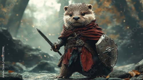 heroic otter as knight holding sword for digital wallpaper, background