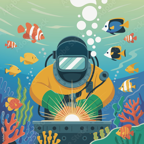 Illustrated underwater welder in a yellow diving suit and green gloves performing maintenance on the ocean floor.